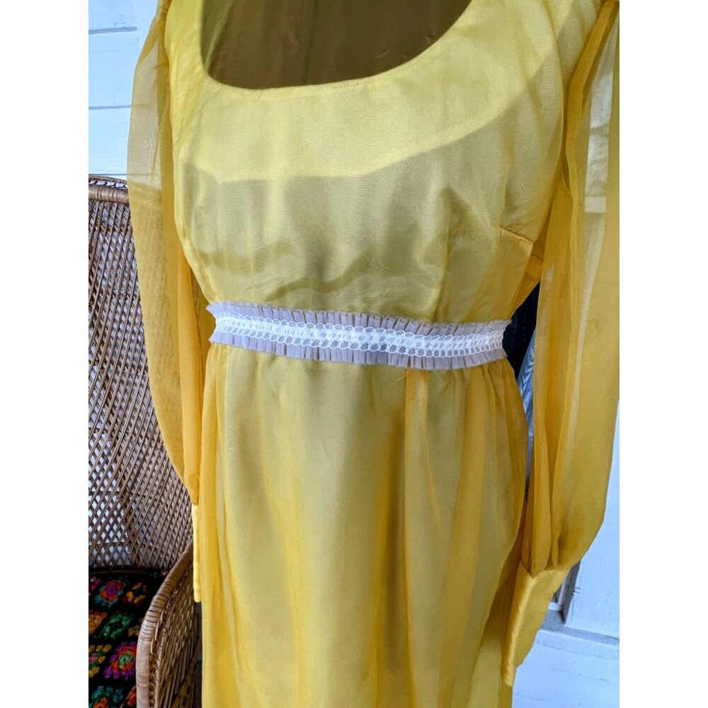 Vintage 1970s Mustard Yellow Sheer Nylon Maxi Dress Size M - Picture 3 of 16